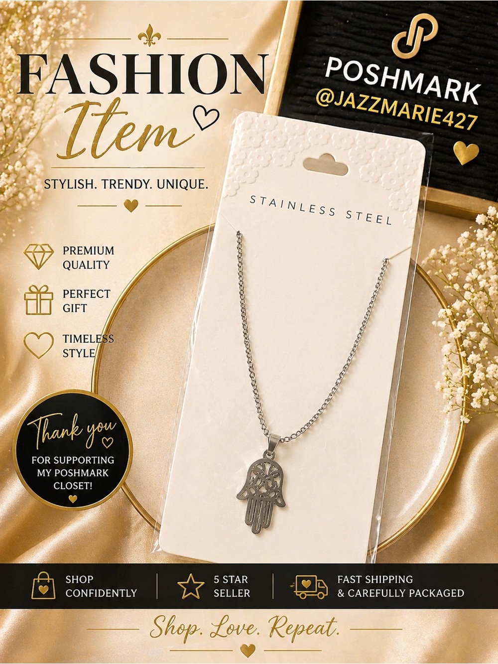 Stainless Steel Hamsa Hand Necklace - Silver